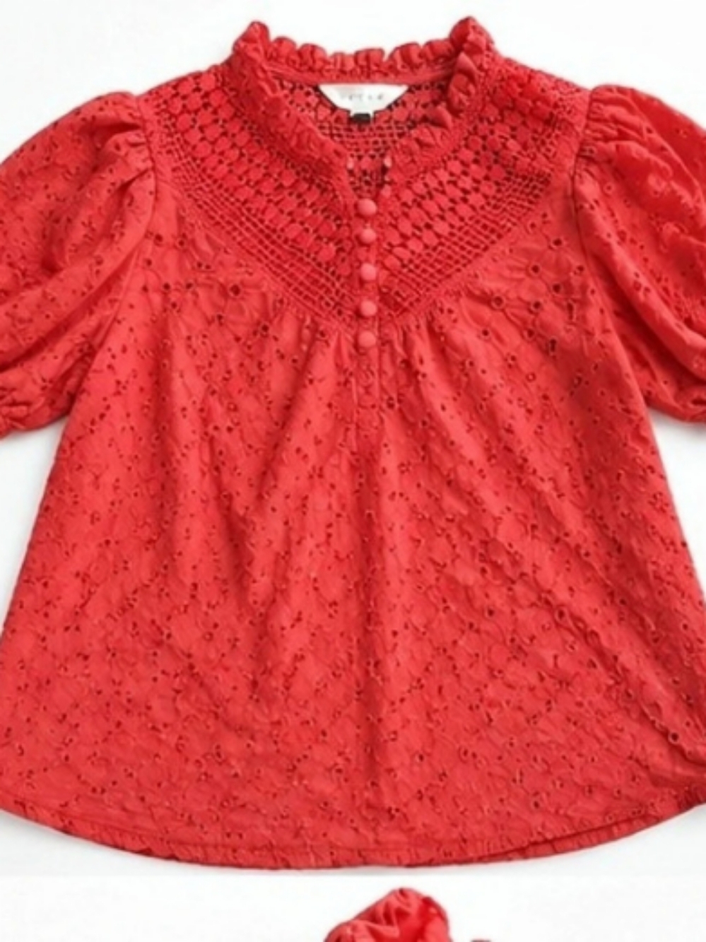ADIVA Women's XL Coral Red Eyelet Lace Blouse Puff Sleeve Boho Peasant Top
